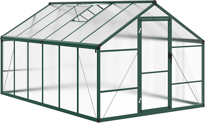 8X12 FT Outdoor Polycarbonate Greenhouse, Sturdy Aluminum Frame, Adjustable Roof Vent, Ideal for Backyard, Patio, or Garden, All-Weather Green House for Growing Plants and Vegetables