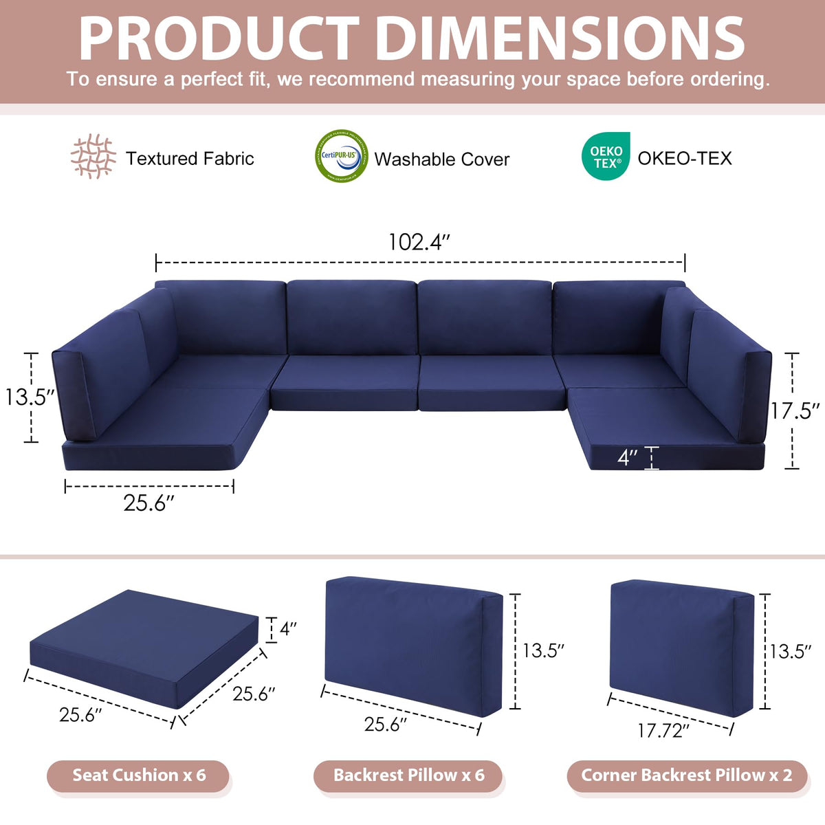 MuaMelop 14-Piece Patio Furniture Cushions Set, Replacement Outdoor Cushions for 6-Seat Patio Sectional, Waterproof & Fade Resistant Deep Seat Cushion for Outdoor Sofa, Navy Blue