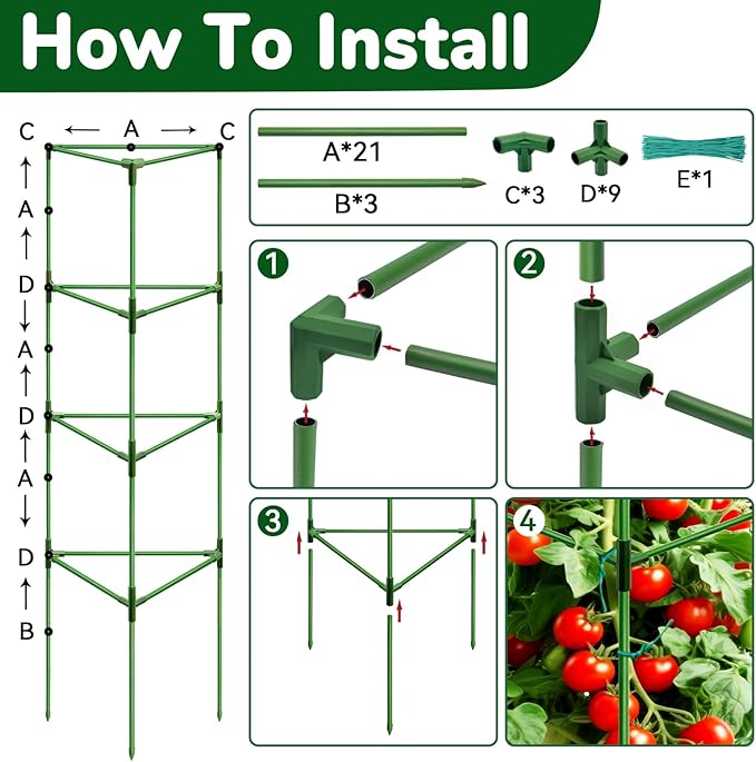 [Upgraded] ZeeDix 65 Inch Tall Tomato Cages for Garden, 4 Pack Large Plant Trellis Support Stakes for Climbing Plants, Heavy Duty Adjustable Tomatoes Cage for Pots, Raised Garden Bed Outdoor Supplies