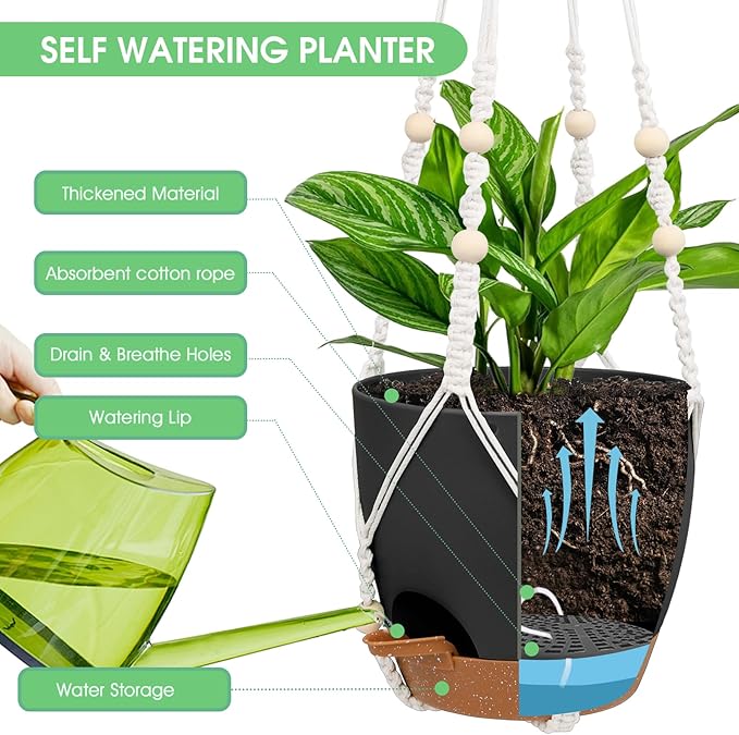 Hanging Planters for Indoor Outdoor Plants, 2 Pack Self Watering Hanging Pot with Drainage Holes, Removable Tray & 2 Kinds of Plant Hangers, 8'' Hanging Flower Pots for Home Garden Decor, Black