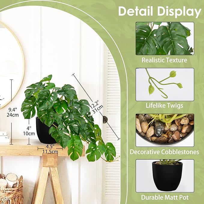 DILATATA Fake Plants Indoor 8 Inch Artificial Monstera Plant in Black Plastic Pot - Faux Potted Tropical Palm Plant for Home Aesthetic Decor Living Room Shelf Office