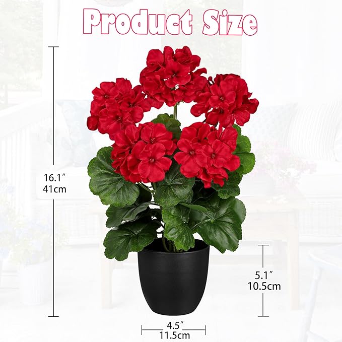 Briful 16” Geraniums Artificial Flowers Realistic Potted Plant – Red Fake Geraniums for Outdoors, Artificial Outdoor Plants for Indoor Home Decor, Farmhouse Table Centerpiece Decoration