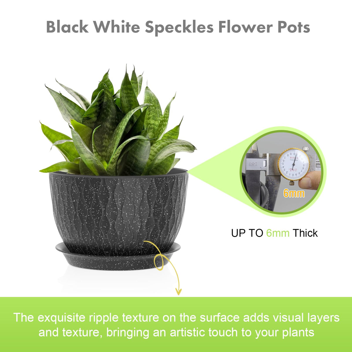 Meowell 12/10/9 inch Large Flower Pots, 3 Set Big Plant Pots for Outdoor Indoor Plants with Water Ripples, Wide Plastic Planters with Drainage Holes and Saucers for Garden House Plants, Speckled Black
