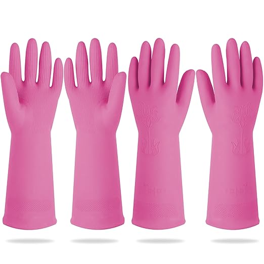 Mamison 2 Pairs Reusable Waterproof Household Dishwashing Cleaning Rubber Gloves, Non-Slip Kitchen Glove (Pink, Small (Pack of 2))