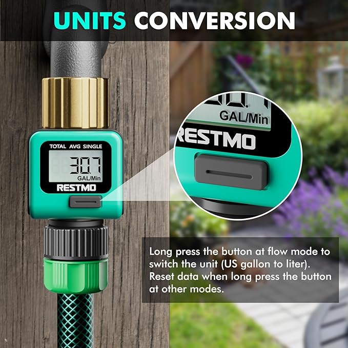 [2 Pack] RESTMO Heavy Duty Water Flow Meter, Pure Brass Inlet | Metal Thread | 4 Measure Modes | Display Gallon/Liter Usage and Flow Rate | Ideal to Track Outdoor Garden Hose Watering