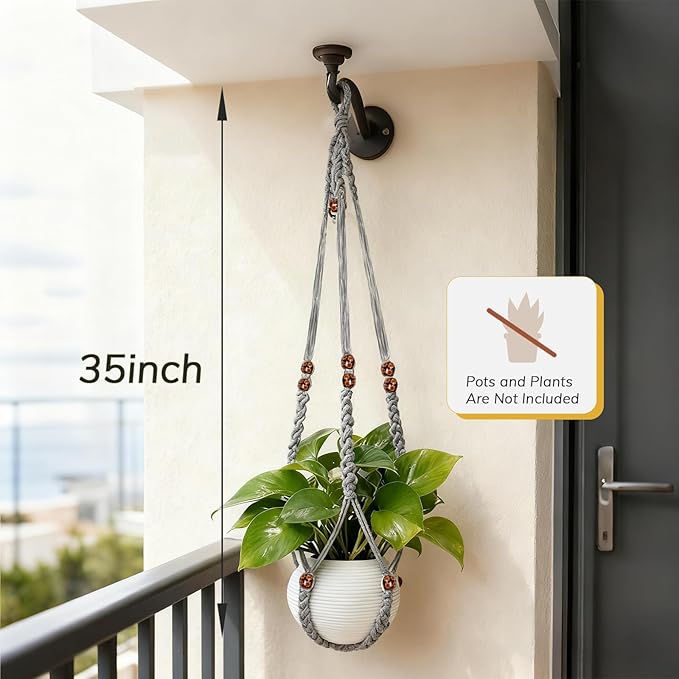 HOREAKHJ 35 Inch Macrame Plant Hanger, Large for up to 15 Inch Pot Extra Long Hanging Planter Holder Basket with Wood Beads for Indoor Outdoor Home Decor (Grey, 2-Pack)