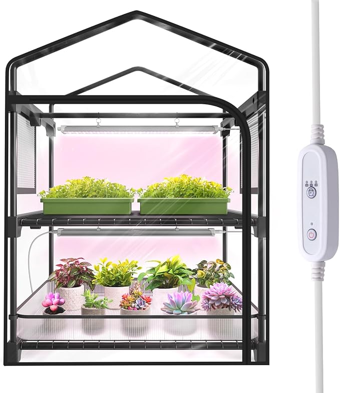 Mini Indoor Greenhouse with Grow Light, 2-Tier Plant Stand with PVC Tent, Ventilation Window, Bottom Pouch, 20W Full Spectrum Grow Light with Timer, for Seed Starting, 27" L x 19" W x 35" H