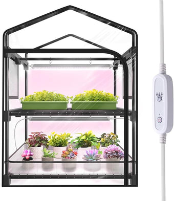 Mini Indoor Greenhouse with Grow Light, 2-Tier Plant Stand with PVC Tent, Ventilation Window, Bottom Pouch, 20W Full Spectrum Grow Light with Timer, for Seed Starting, 27" L x 19" W x 35" H