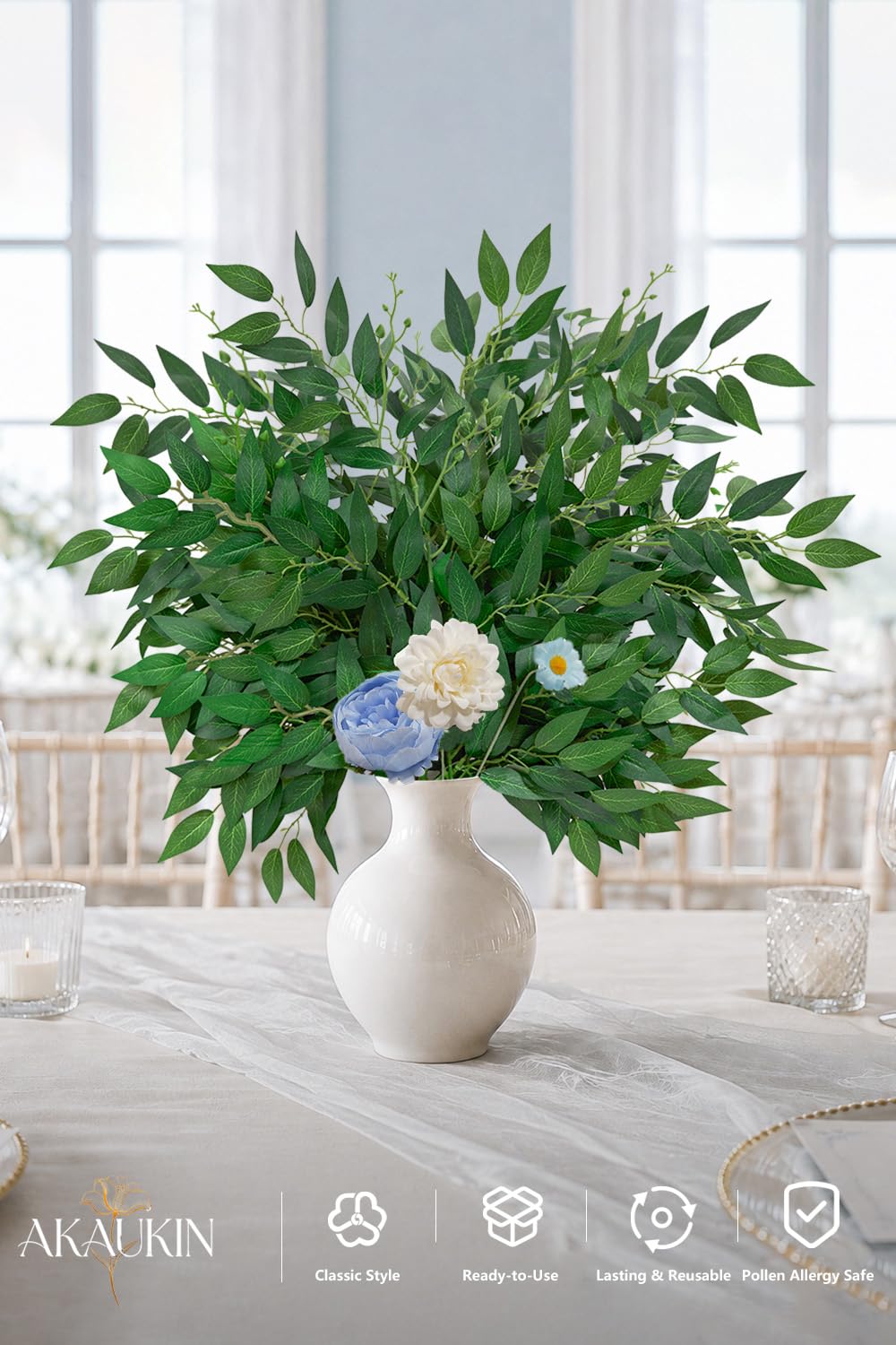 20 Pcs Artificial Italian Ruscus Silk Greenery Stems, Green Faux Leaves