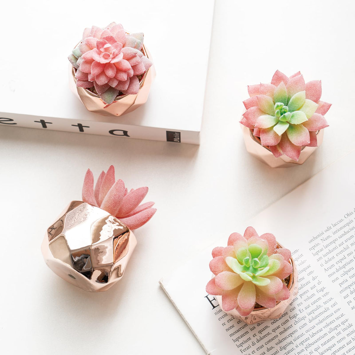 Tiita Mini Rose Gold Artificial Succulents in Pots, 4 Pack for Desk Decor