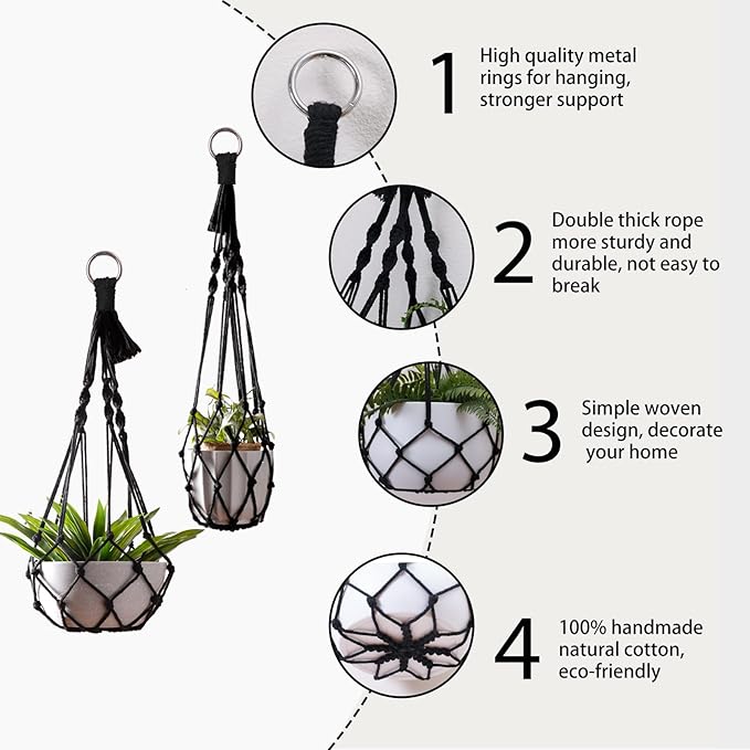 Artilady Black Plant Hanger Macrame Hanging Planter for Indoor Boho Plants Holder with Hooks Hanging Plant Basket Outdoor Window Wall Plants Home Decor (Black Macrame)