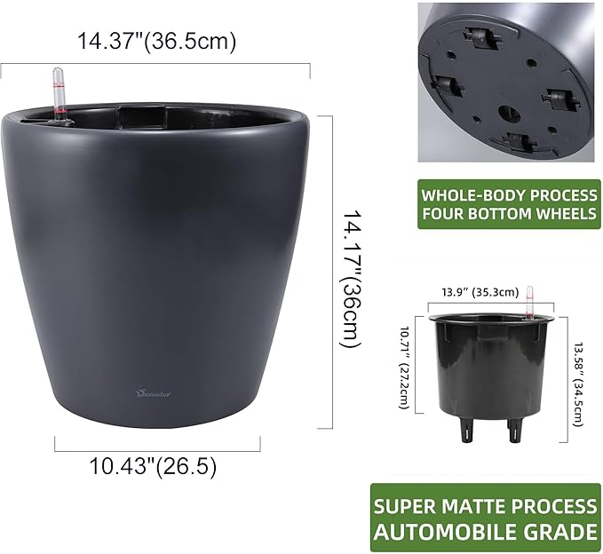Dexceder 15x14 Self Watering Planter with Wheels Indoor Outdoor, Inner Pot Design, Thickened Large Floor Standing Flower Plant Pot with Water Level Indicator (Slate Gray Matte)