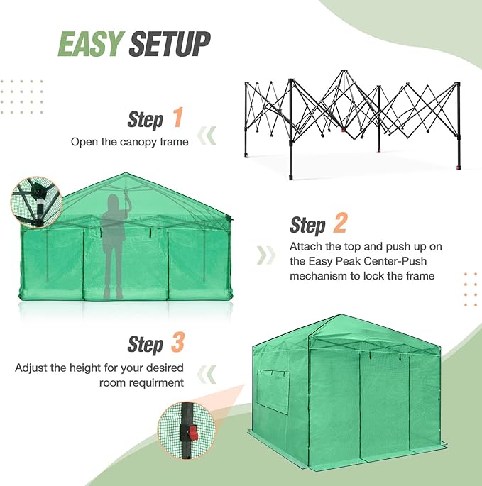 EAGLE PEAK Instant Pop-up Greenhouse, Indoor Outdoor Plant Gardening Green House, Roll-Up Zipper Doors and Side Windows, Walk in 10x10 ft, Green/Clear