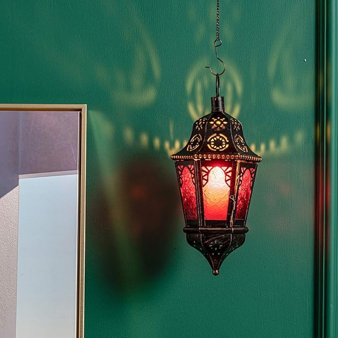 DECORKEY Ramadan Decorations, Lantern Decorative Indoor & Outdoor, 13.6’’ Moroccan Vintage Decorative Hanging Lantern with Chian for Home Porch Patio Decor, Metal Christmas Candle Holders(Rose Red)