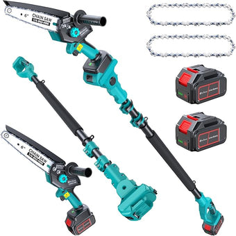 Cordless Pole Saw&6 inch Mini Chainsaw 2-IN-1, 2PCS 4000mAh Rechargeable Batteries for Electric Tree Trimmer, Branch Cutter with Extension Pole for Wood Cutting, Ideal Gifts for Men Dad
