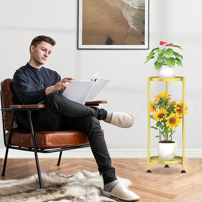 KMOTASUO 2 Tier Plant Stand Indoor for Large Tall Heavy Duty Planter, Multiple Sturdy Metal Flower Corner Rack for Narrow House Floor, Iron Vertical Level Round Orchi Holder Organizer, Gold