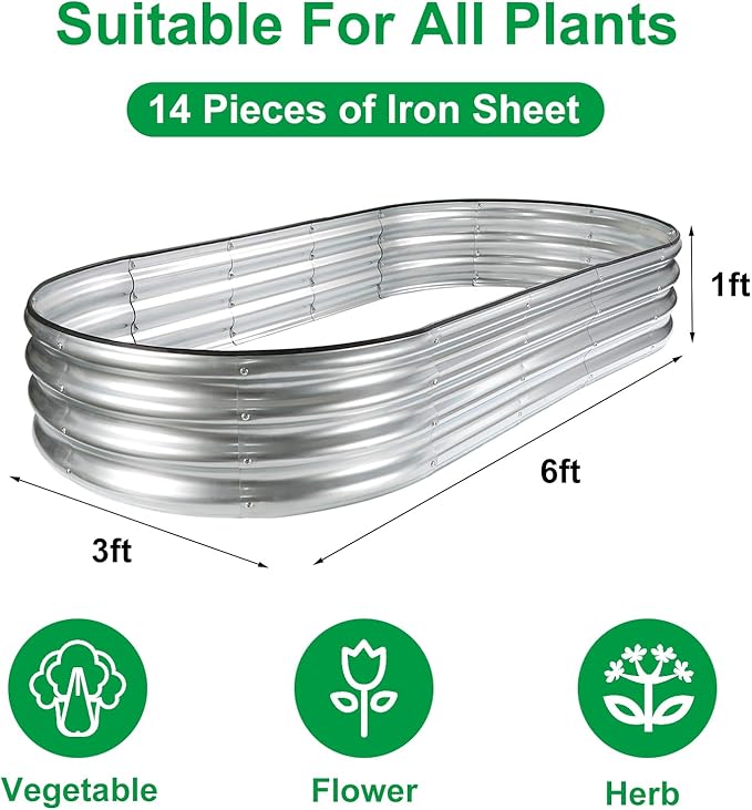 JERIA 2 Pcs 6×3×1ft Oval Raised Garden Bed,Galvanized Raised Garden Bed Kit Outdoor Metal Gardening Planter Box for Vegetable, Fruits, Flower，Herbs