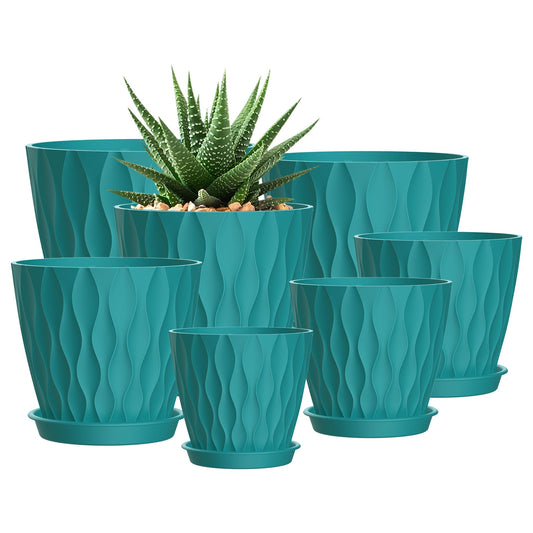 SQKH 4/4.5/5/5.5/6/6.5/7 Inch Plant Pots,7 Pack Flower Pots with Drainage Holes and Trays,Plastic Planters for Indoor Outdoor Plants Growth,Green