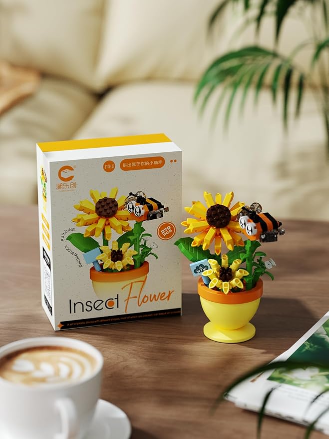 Sacblirr Mini Flower Bonsai with Cute Insects Sunflower bee - DIY Potted Plant Building Blocks for Kids and Adults, Botanical Collection Decor Toy
