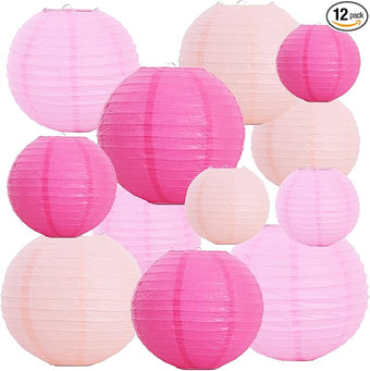 BEISHIDA 12 Pcs Pink Mix Paper Lanterns,Hanging Decorative Chinese Japanese Round Paper Lantern Lamp for Valentine's Day Girls' Party Wedding children Home Party Decoration