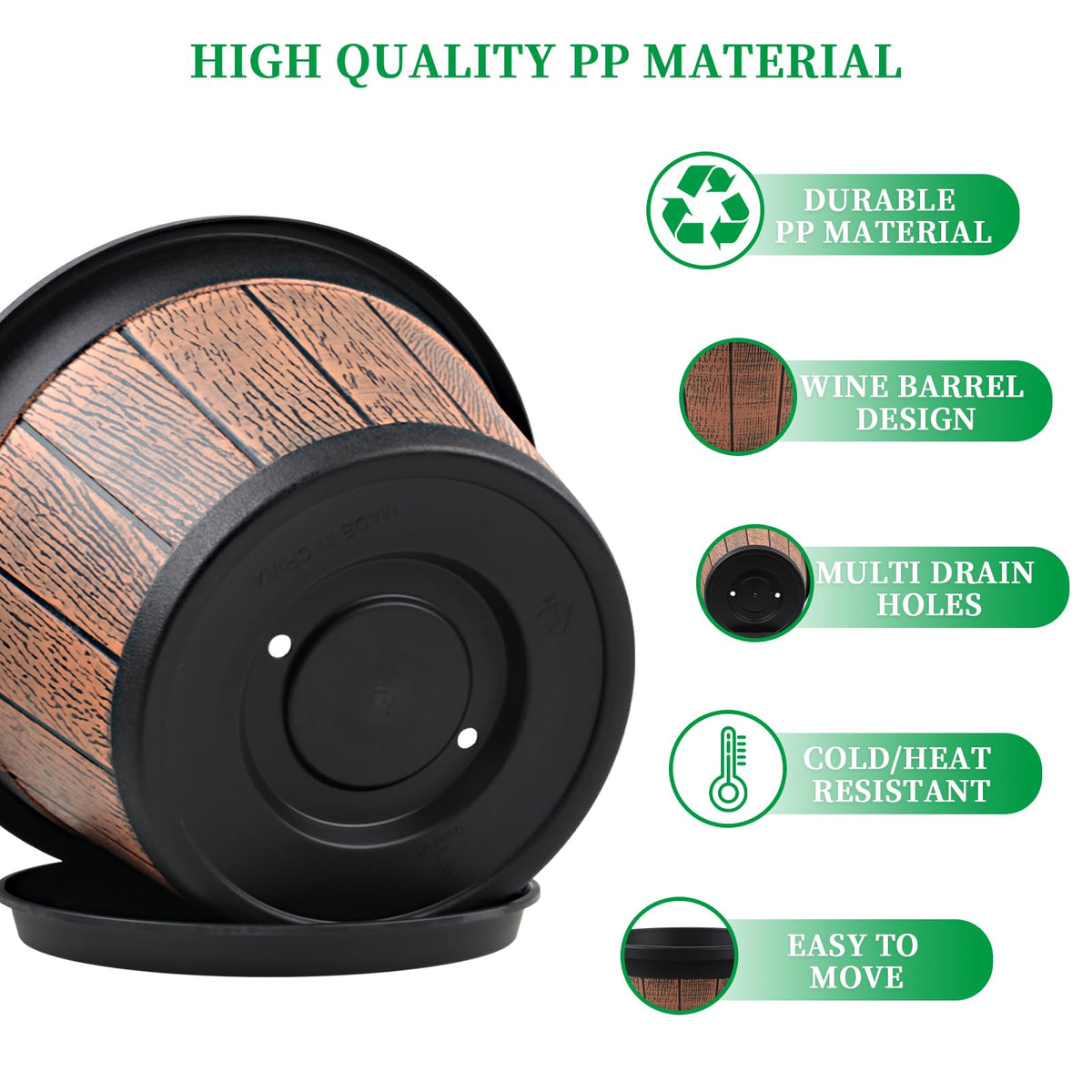 4 Pack 14 inch Plant Pots,Whiskey Barrel Planters with Drainage Holes