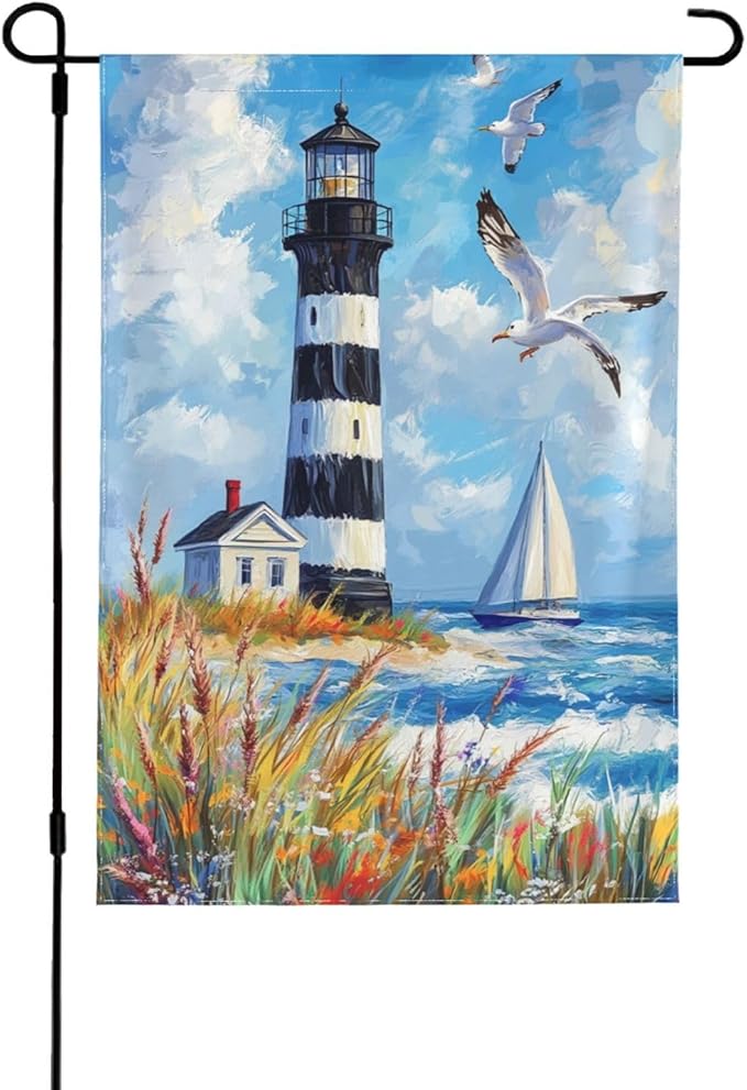 Lighthouse Seagulls Garden Flag 12x18 Inch Double Sided All-Weather Polyester Outdoor Flag For Patio Lawn Yard And Garden Welcome Decor