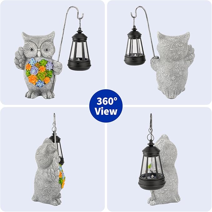 Solar Owl Garden Statue with Succulent Decor & Hanging Lantern – Outdoor Resin Decor for Patio, Yard, Balcony – Unique Gift for Women, Gardeners
