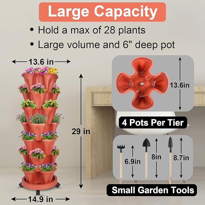 DUNCHATY Stackable Planters 7 Tier Vertical Garden Planting Tower Planters Strawberry, Herb, Flower, and Vegetable Planter Indoor Outdoor Gardening Pots with Removable Wheels and Tools, 2 Set