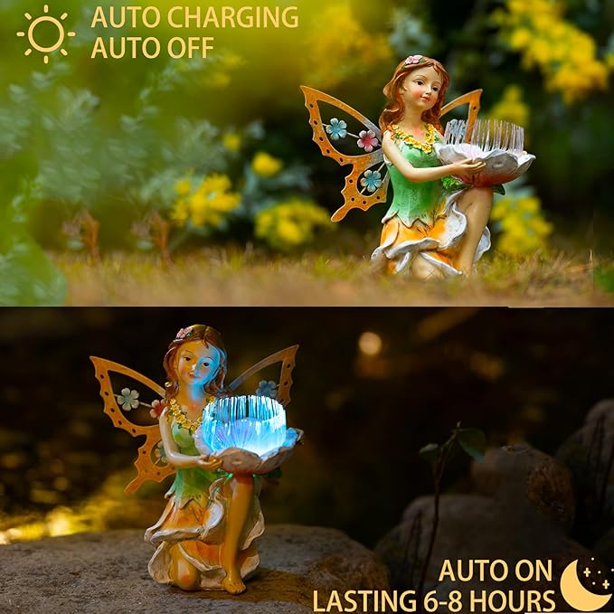 Fairy Decor Solar Outdoor Statues, Fairy Garden Accessories for Outside Garden Gifts,Resin Ornaments for Patio Yard Lawn,Size6.5 x 5.12 x 9.45 inches