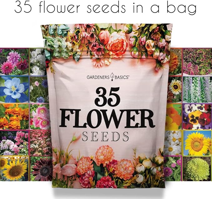Gardeners Basics, Flower Seeds Packets for Planting 35 Individual Varieties Perennial, Annual, Wildflower Seeds for Planting Outdoors for Bees and Butterflies - Semillas de Flores Hermosas