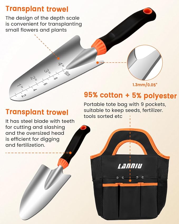 Garden Tool Set, 7 Piece Stainless Steel Heavy Duty Gardening Tool Set, with Non-Slip Rubber Grip, Storage Pocket, Ideal Garden Tool Kit Gift for Women/Parent (7-Piece Set)