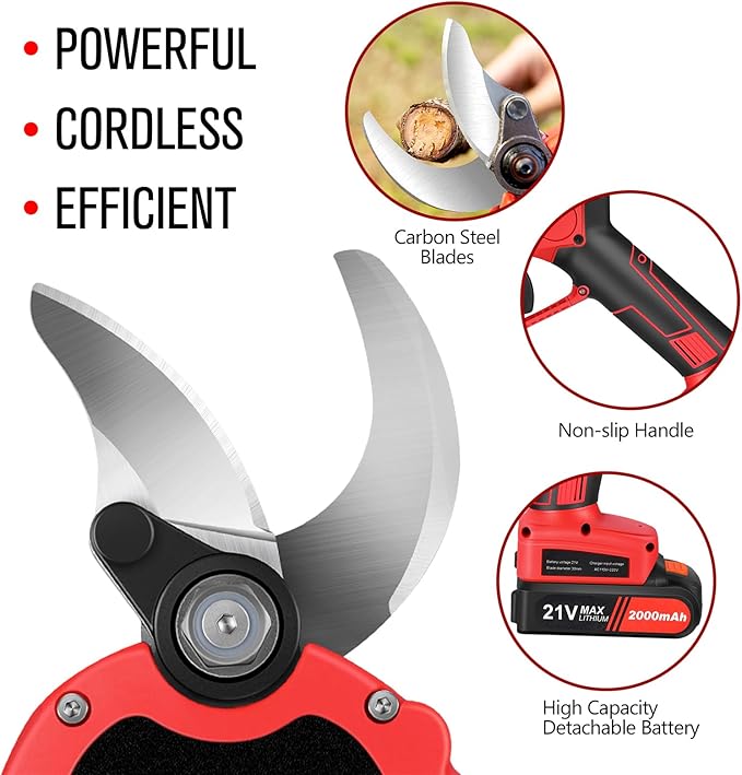 Electric Pruning Shears，Professional Cordless Tree Branch Pruner with 2PCS Lithium Battery and Matching Tools，30mm (1.2″) Cutting Diameter