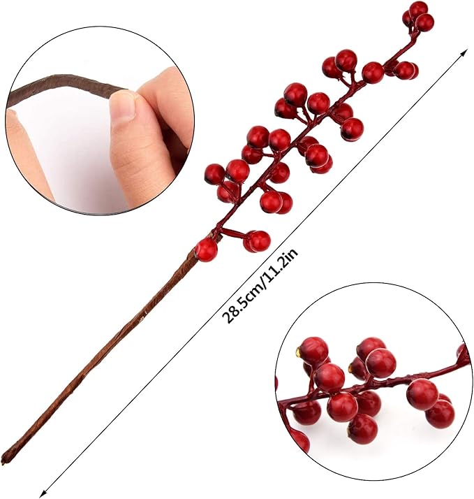 12 Pack Artificial Red Berry Stems Branches, Fake Burgundy Berry Picks Holly Berries for Christmas Tree Xmas Valenintes Wreath Decorations Floral Arrangements Home Holiday DIY Crafts Decor
