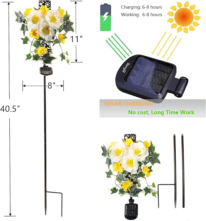 Starryfill Solar Cross Lights with Three Flowers, Solar Metal Stake with Led Warm White Lights Decorative for Outdoor Remembrance Sympathy Grave Gifts