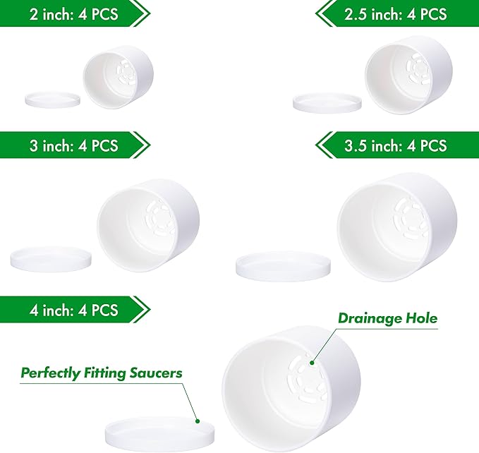 D'vine Dev Pack of 20 Plastic Plant Pots (4 Set of 2 Inch, 2.5 Inch, 3 Inch, 3.5 Inch, 4 Inch) Small Garden Planter Pots for Plant with Drainage Holes and Saucers, White, 74-U-A