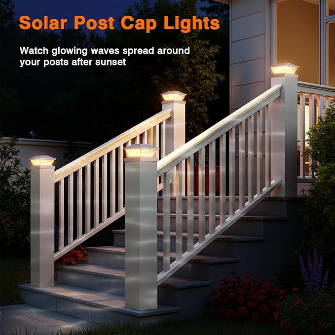 ENSLI Solar Post Cap Lights Outdoor 6 Pack, 2 Mode Bright Fence Post Solar Lights Outdoor Waterproof, Deck Fence Post Cap Light Solar Powered for 4x4 4.5x4.5 5x5 Posts in Garden Decor