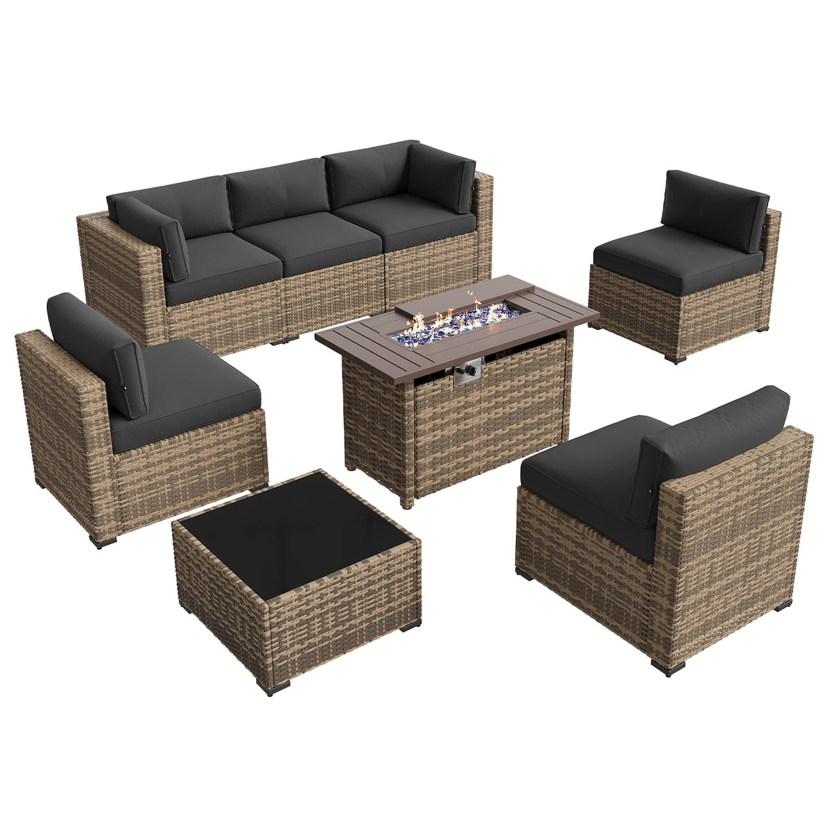 Aoxun Patio Furniture Sets, 8-Piece Outdoor Patio Furniture with 44'' Propane Gas Firepit Table, Wicker Outdoor Conversation Set Sectional Sofa for Backyard, Poolside, Garden (Black Cushion)