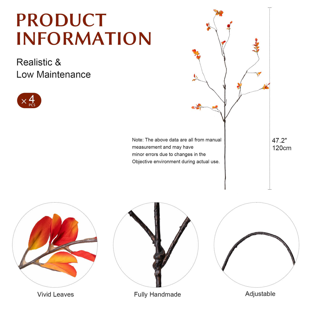 Ttranewsoo 4 Pcs Tall Fall Branches for Floor Vase, 47.2 Inch Artificial Ficus Branches, Faux Eucalyptus Stems and Fall Greenery Stems for Autumn Home Decor, Orange, Vase Not Included