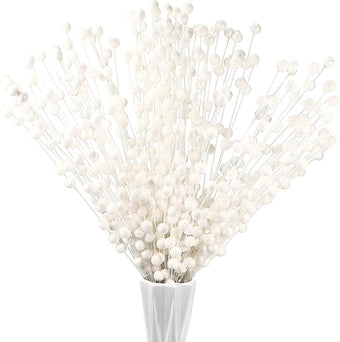 Syhood 200 Pcs Glitter Berry Stems, 13.8 Inches Christmas Berry Picks Holly Branches for Christmas Tree Decorations, Holiday Ornaments Home Decor and DIY Crafts(White)