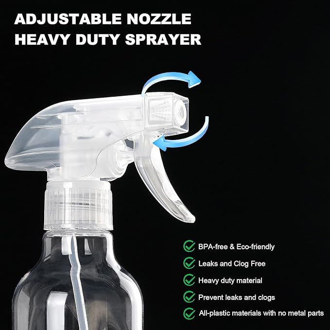 Spray Bottles Plastic Spray Bottle for Hair Mist/Stream Heavy Duty Empty Spray Bottles for Cleaning Solutions, Plants, Cooking (12oz-Clear+nozzle)