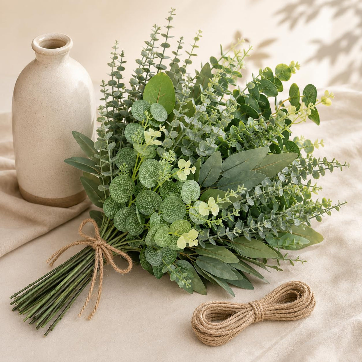 FVKN 48 PCS Mixed Artificial Eucalyptus Stems Bulk with Hemp Rope