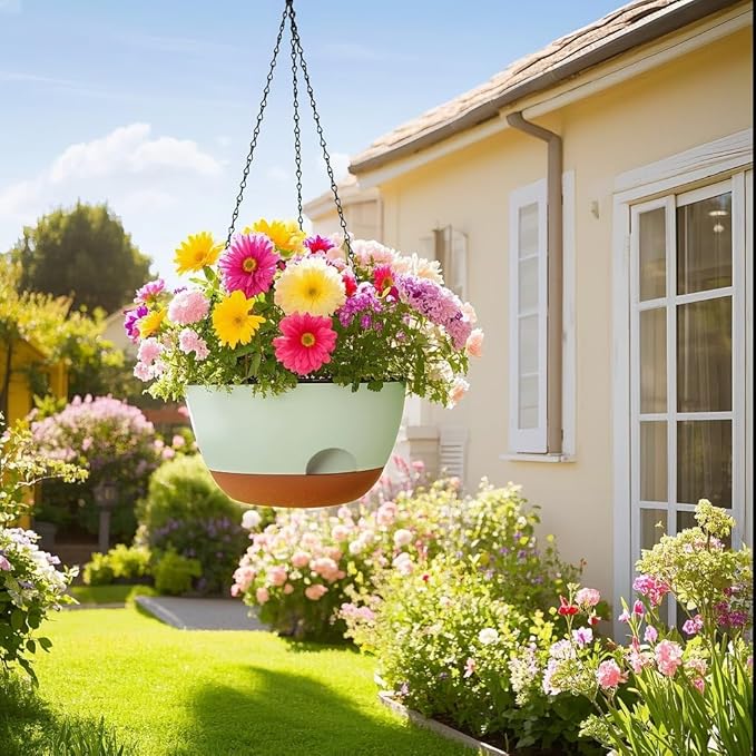 LESOASIS 12 Inch Hanging Baskets for Plants Outdoor, Hanging Planters for Indoor Outdoor Plants, Hanging Planter with Self Watering, Hanging Flower Pots (Green)