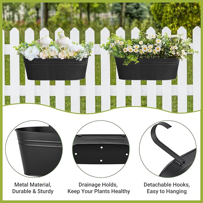Dahey 3 Pcs Metal Hanging Flower Pots for Railing Fence Outdoor Planter 15.7 Inch Hanging Bucket Pots Countryside Window Flower Plant Holder with Detachable Hooks for Garden Yard Home Decor,Black