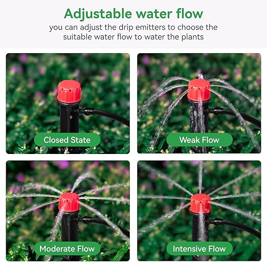 50pcs Drip Emitters for 1/4" Drip Irrigation Tubing, Adjustable 360 Degree Water Flow Drippers on 5" Arrow Stake, Garden Irrigation Drippers for (4-7mm) Watering System