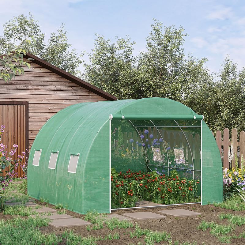 Outsunny 10' x 10' x 6.5' Walk-in Tunnel Hoop Greenhouse PE Cover Green