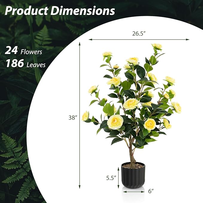 Goplus 38’’ Artificial Camellia Tree, 2 Pack Flower Plants Artificial Tree, Faux Floral Plant Blooming Tree in Cement Pot, Greenery Potted Plant for Indoor Outdoor Office Home Porch Decor