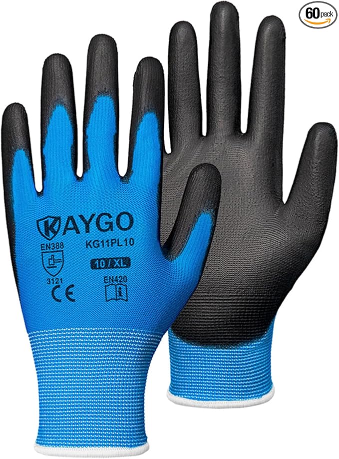 KAYGO Safety Work Gloves PU Coated-60 Pairs, KG11P Seamless Knit Glove with Polyurethane Coated Smooth Grip on Palm & Fingers, for Men and Women, Ideal for General Duty Work,Blue.X-Large