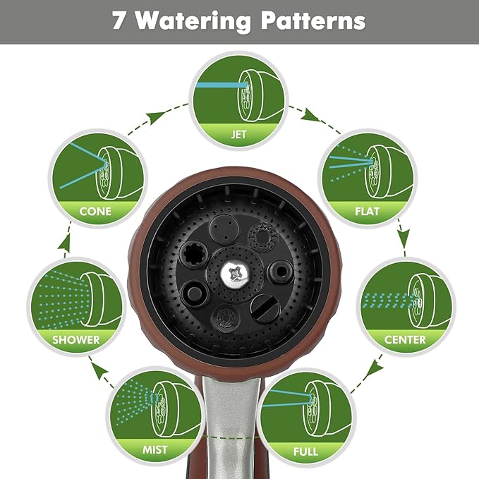 RESTMO Garden Hose Nozzle, Heavy Duty Metal Water Hose Nozzle with 7 Adjustable Spray Patterns, High Pressure Hand Sprayer with Flow Control, Best for Watering Plant & Lawn, Washing Car & Pet, Brown