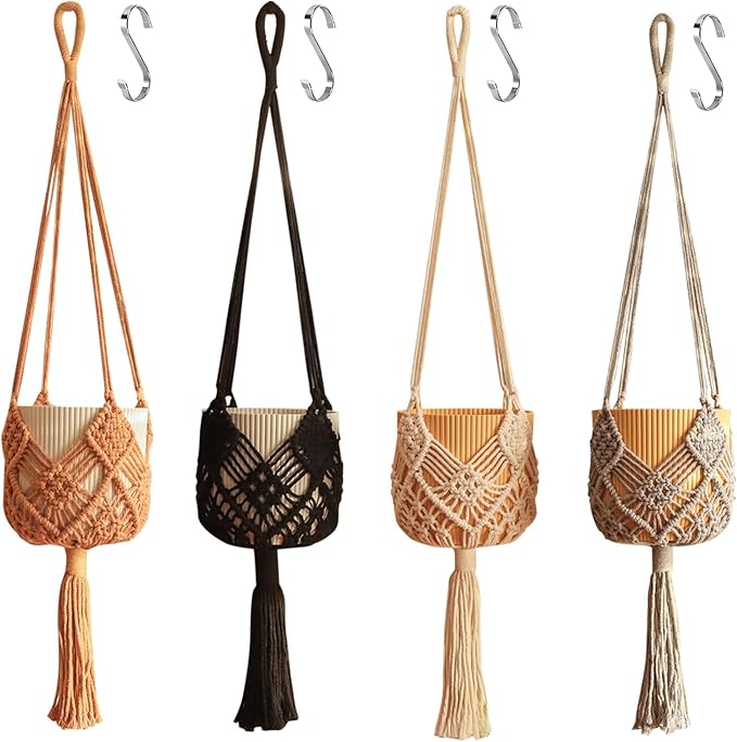 Hanging Planter with Patterns,4Packs Macrame Plant Hangers Indoor Macrame for up to 8 inch Pot Crochet Boho Plant Hanger Holder for Indoor Outdoor with 4S Shaped Stainless Steel Hooks (4colors)