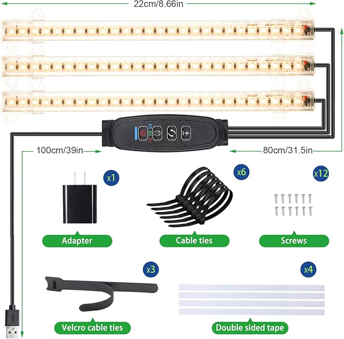 LED Grow Light Strips, Grow Lights for Indoor Plants Full Spectrum 3000K, 78 LEDs Plant Light with 3/9/12H Timer, 10 Dimmable Levels for Seedling Succulent and Plant Shelf, 3 Head 8.6 Inches